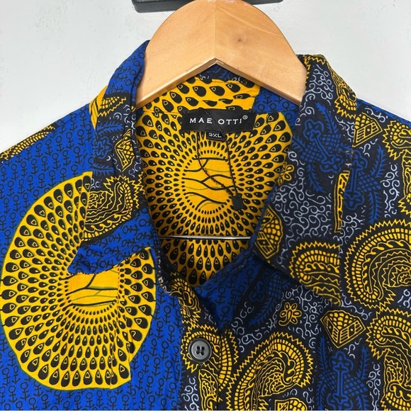 NWOT Mae Otti African Blue and Yellow Patterned Button-Up Dress - Picture 3 of 5